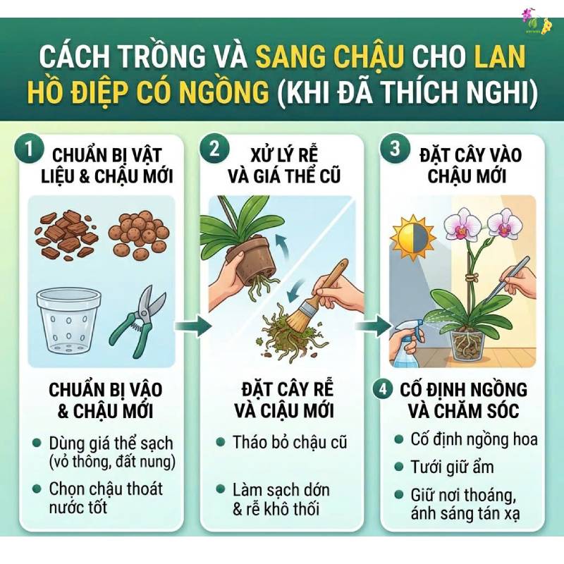 Cách trồng và sang chậu cho lan hồ điệp có ngồng 