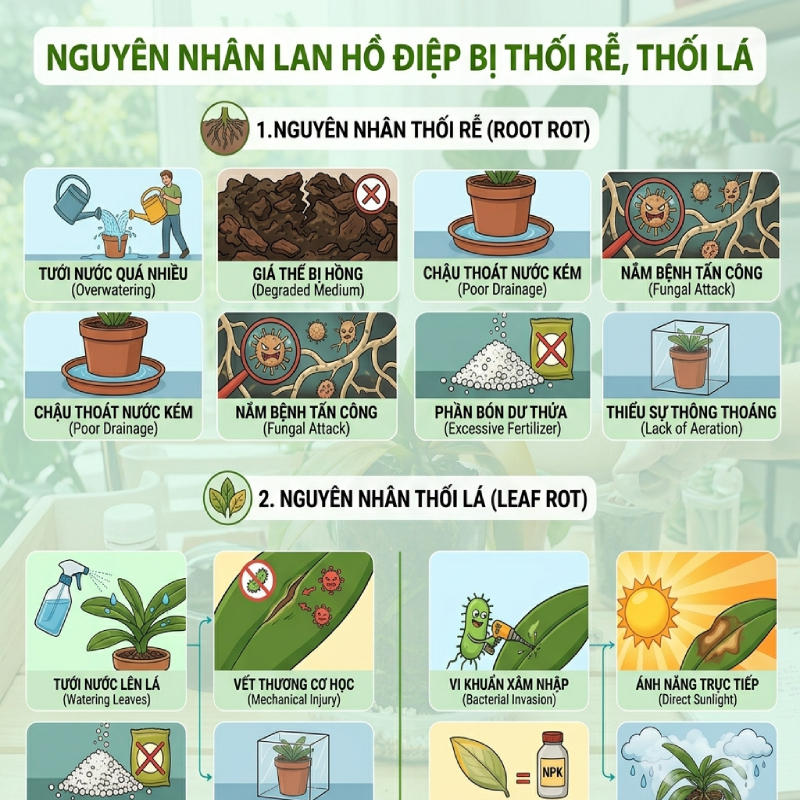 Nguyên nhân khiến lan hồ điệp bị thối lá, thối rễ