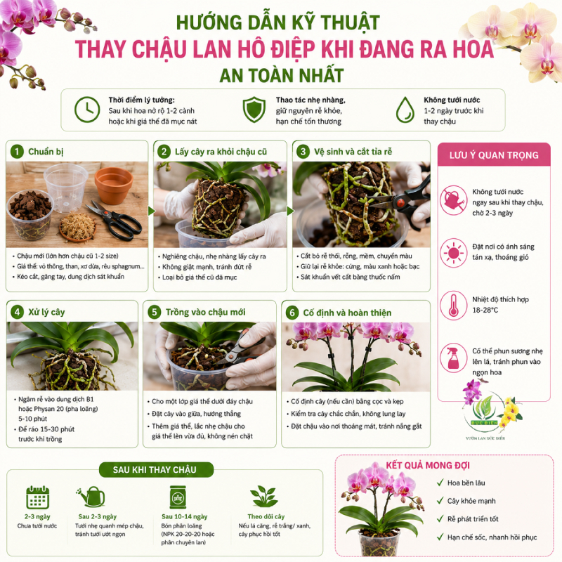 Hướng dẫn kỹ thuật thay chậu lan hồ điệp khi đang ra hoa an toàn nhất