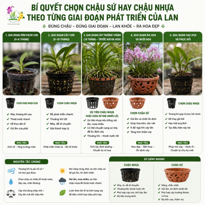 Bí quyết chọn chậu sứ hay chậu nhựa theo từng giai đoạn phát triển của lan