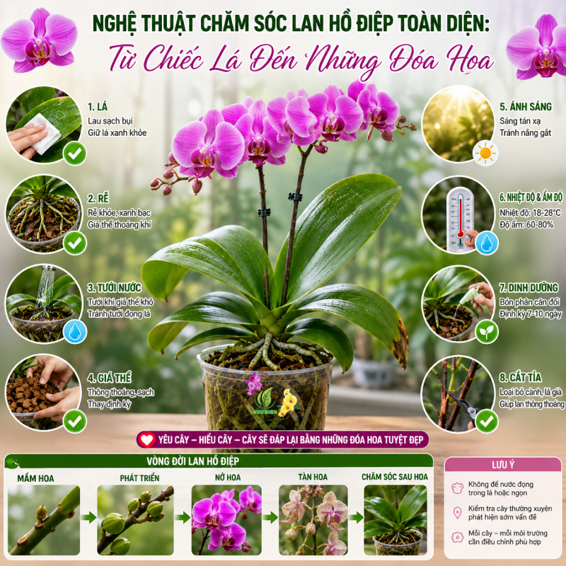 Nghệ Thuật Chăm Sóc Lan Hồ Điệp Toàn Diện: Từ Chiếc Lá Đến Những Đóa Hoa