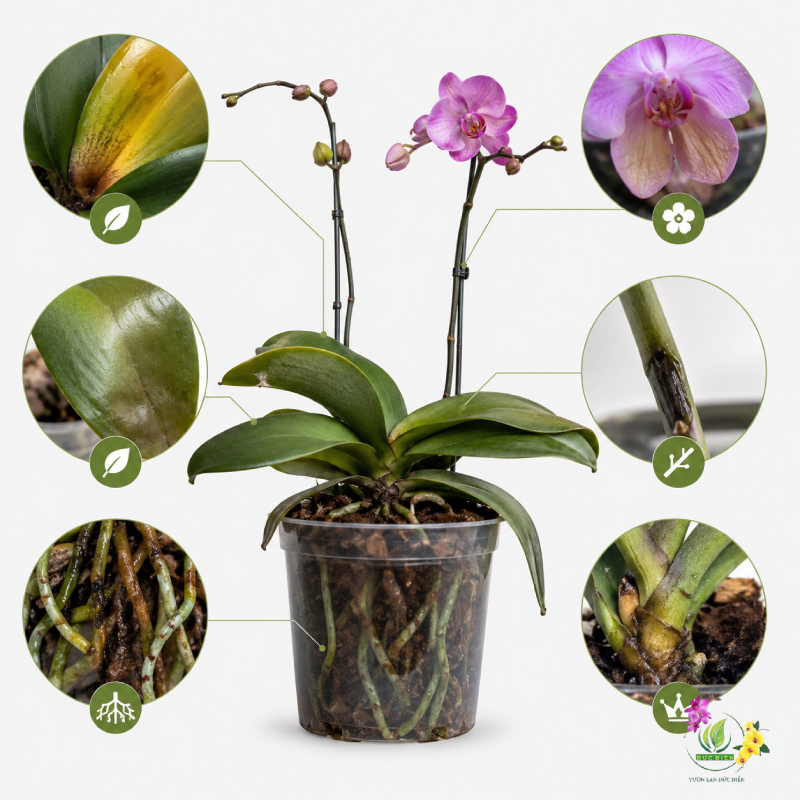 Các dấu hiệu thừa nước ở lan hồ điệp qua từng bộ phận