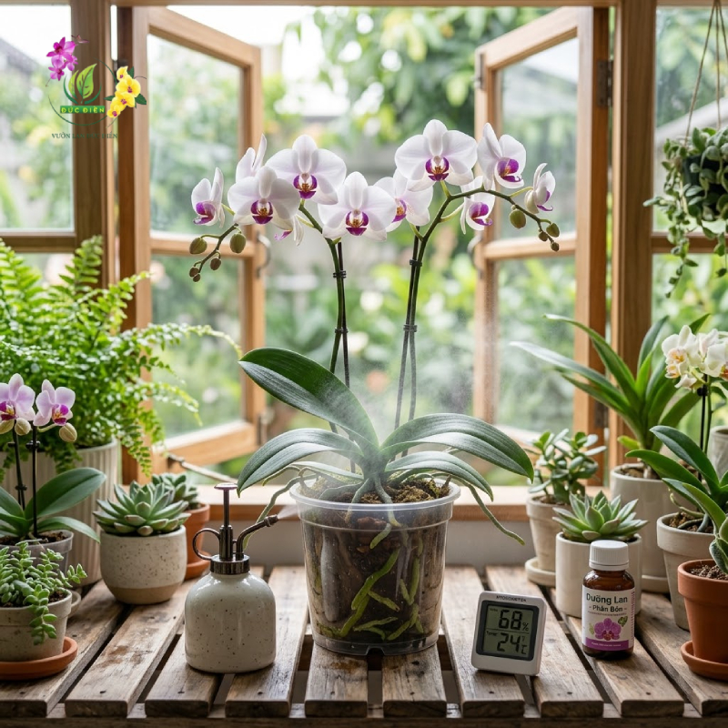 Cách chăm sóc lan hồ điệp bằng cách duy trì độ ẩm và thông thoáng