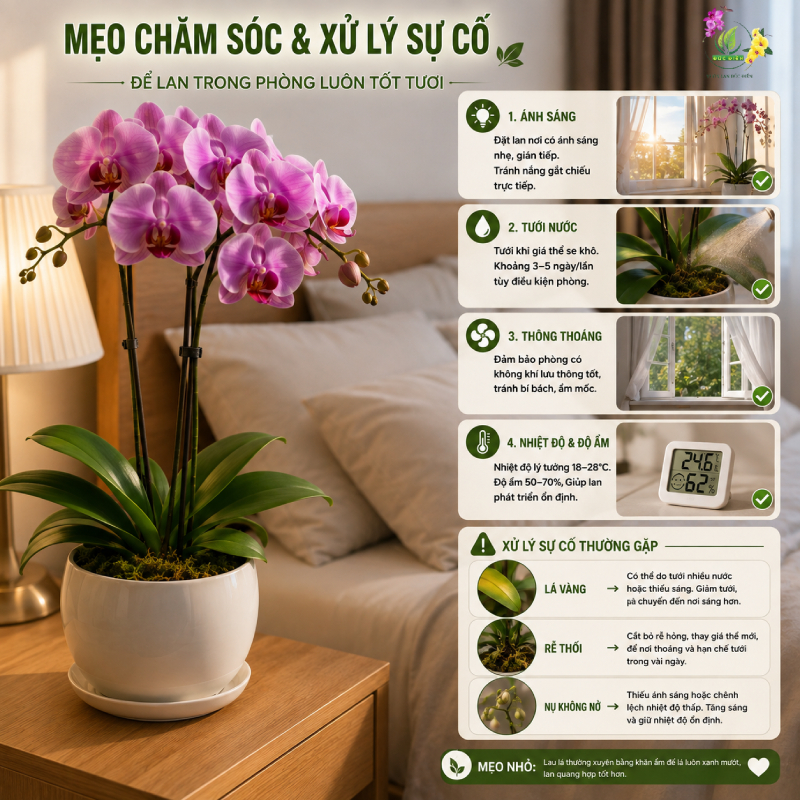 Mẹo Chăm Sóc Và Xử Lý Sự Cố Để Lan Trong Phòng Luôn Tốt Tươi